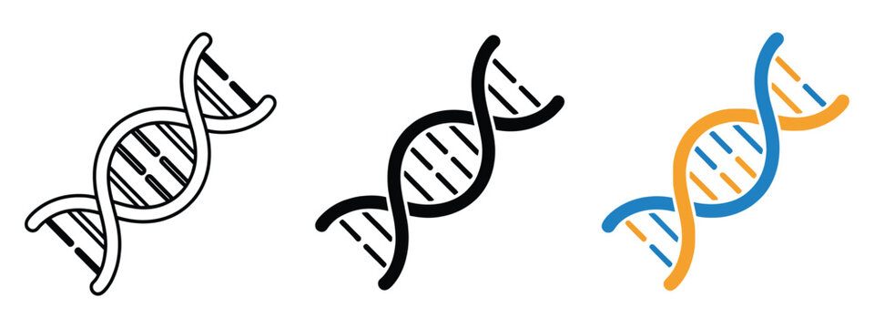 DNA icons featuring molecular helix, genetic science, biotechnology, genome, genetics, laboratory, and medical research symbols in outline, solid, and flat vector styles isolated on transparent backgr