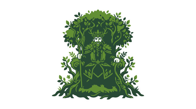 Mystical Forest King Sitting on Throne of Roots and Leaves, Fantasy Nature Spirit