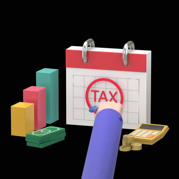 Cartoon Gesture Icon Mockup.Flat 3d Isometric Businessman Hand Marking Tax Sign On Calendar.Tax Day Concept.3D rendering on black Screen for footage and clipping path.