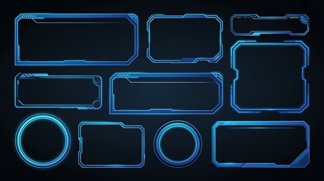 PNG image of Set of sleek, futuristic, empty GUI elements with blue glowing borders, perfect for modern tech display on transparent background. 