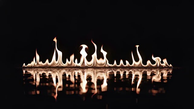 A horizontal line of bright orange and gold fire flames burning continuously across a wet reflective dark surface against a solid pitch-black background
