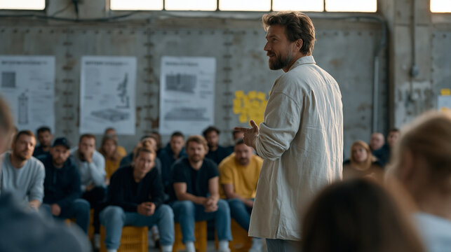 Agile coach facilitating a retrospective in a gritty industrial warehouse space, a crowd of cross functional workers seated on crates, battery manufacturing scale posters on the