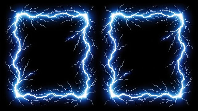 Two brilliant electric blue lightning frame borders featuring jagged arcs of intense energy and discharge on transparent background