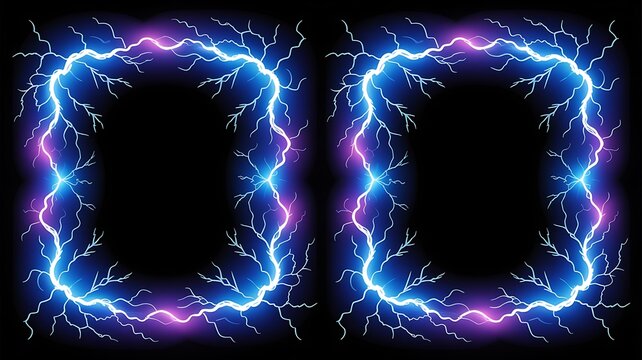 Two brilliant electric blue lightning frame borders featuring jagged arcs of intense energy and discharge on transparent background