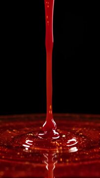 Macro extreme close-up video of thick red viscous syrup or honey pouring vertically into a pool of amber glossy liquid. High-speed slow motion camera shot capturing detailed ripples, bubbles