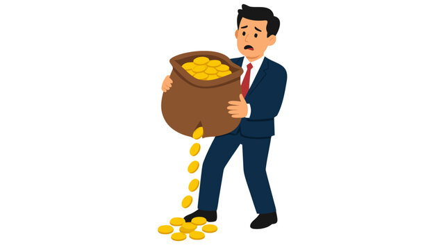 Anxious businessman clutching leaking money sack with cascading gold coins, financial loss and economic crisis concept illustration