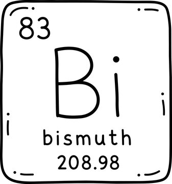 Bismuth periodic table element with atomic number 83, symbol Bi and atomic mass 208.98.