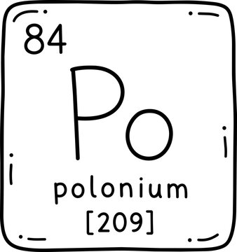Polonium periodic table element with atomic number 84, symbol Po and atomic mass [209].