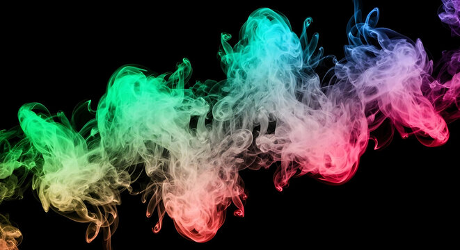 Vibrant multicolored smoke swirls floating against deep black background abstract fluid motion texture design