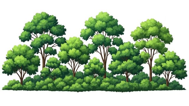 Green stylized trees and bushes row isolated on white background