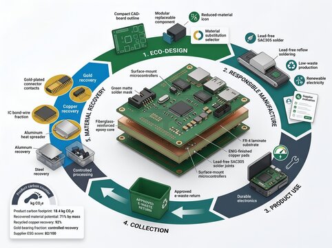 Sustainable electronics lifecycle diagram showing eco design responsible manufacturing product use collection and material recovery