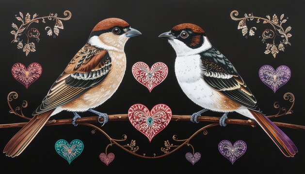 Traditional Batik Pattern with Two Birds and Colorful Hearts Ornament