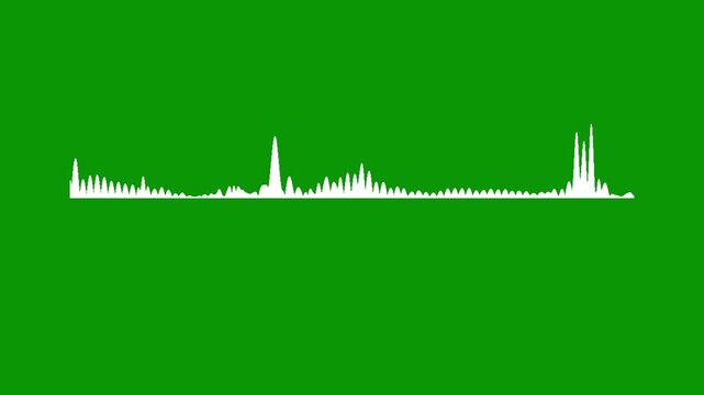 Minimalist sound wave spectrum animation, white audio frequency pulse visualization, seamless digital waveform equalizer overlay, white sound wave frequency on green screen background.4k video