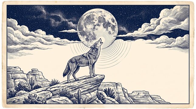 Wolf howling at the full moon. Vintage style illustration of a wild canine in nature.