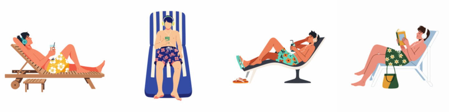 Set of young men relaxing on sun loungers during summer vacation, wearing swim trunks and headphones, reading, drinking, and using phones.