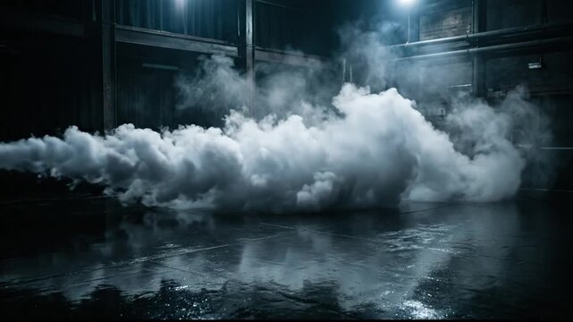 Thick white smoke fills a dark industrial warehouse interior setting