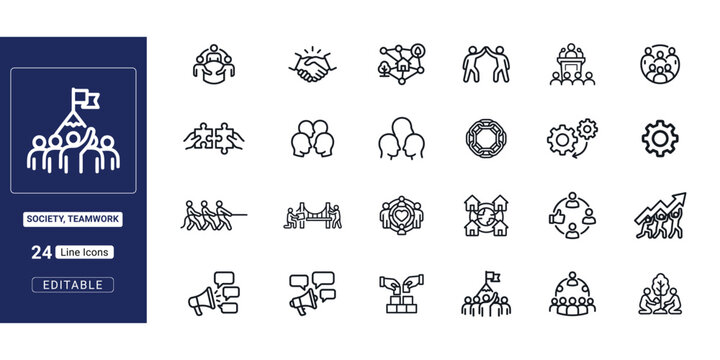 Society and Teamwork outline icon set. Featuring handshake, group meeting, tug of war, puzzle pieces, mountain flag, and gear collaboration. Vector illustration for community and business use.