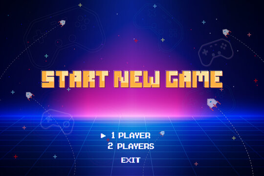 Start new game by selecting a player or exiting the game's main menu. Modern trendy game background with lighting effect. Vector illustration