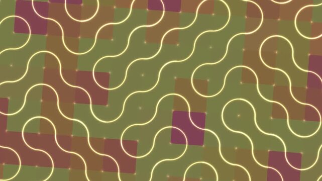 Winding creamcolored lines and scattered dots overlay a textured brown and olive backdrop.