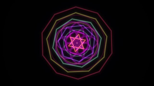 A neon geometric design features concentric octagons in red, yellow, green, blue, and purple surrounding a central star on a black background.
