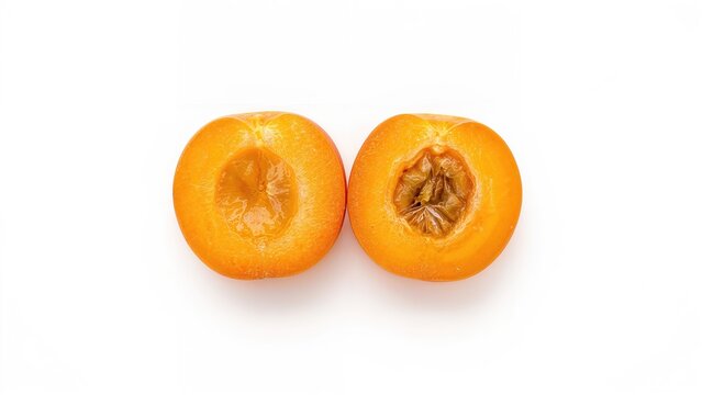 Two apricots cut in half revealing the pit and flesh on a white background.