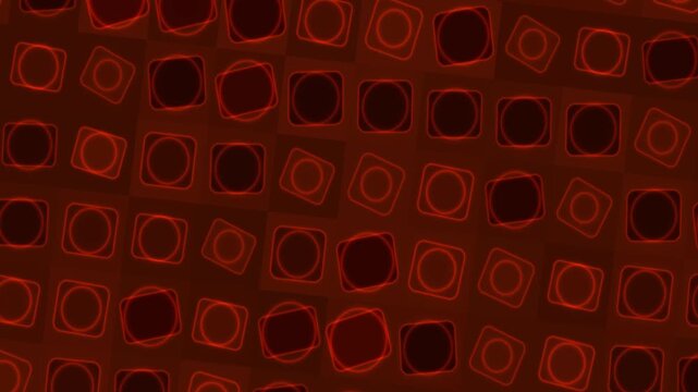 Abstract geometric shapes with glowing outlines create a dynamic pattern on a dark red background.
