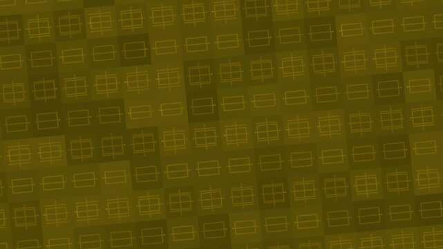 A repeating pattern of geometric squares in shades of green and yellow creates an abstract background texture.