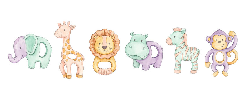 Baby teether toy watercolor safari animals collection for nursery design. Cute pastel jungle animal teethers set with elephant, giraffe, lion, hippo, zebra, and monkey isolated on white background.
