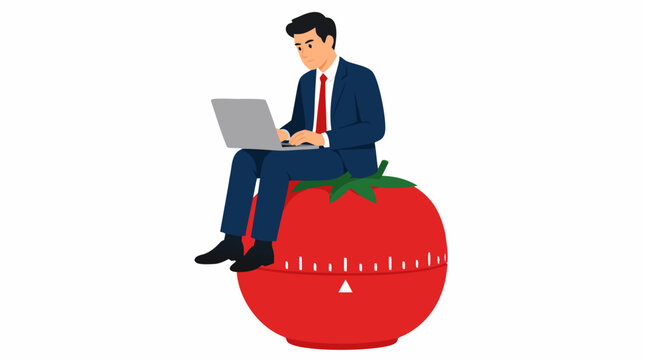 Businessman working on laptop perched atop giant red tomato kitchen timer, time management and productivity concept illustration