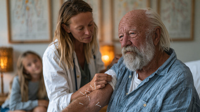 A licensed acupuncturist adjusts a needle placement on the forearm of a senior veteran patient in a warmly lit treatment room, framed meridian charts on the wall, a granddaughter