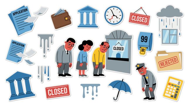 Set of economic recession and unemployment stickers featuring sad people and financial icons, bankruptcy crisis, job loss, financial struggle, market