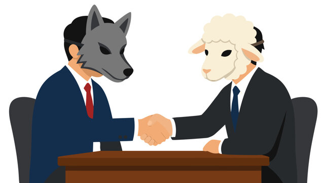 Two businessmen shaking hands across a wooden table, with one wearing a grey wolf mask and the other wearing a white sheep mask, symbolizing corporate betrayal, deception, strategy and negotiation.
