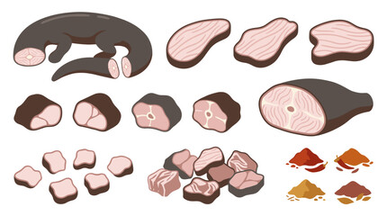 Fototapeta premium set of raw meat cuts and spices, including steaks, diced meat, and fillets, perfect for cooking, culinary projects, and food preparation themes
