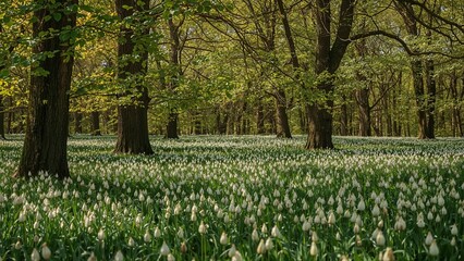 Fototapeta premium A forest scene with numerous trees and a ground covered in white flowers, displaying lush greenery and peaceful nature.