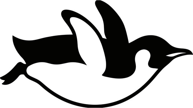 Silhouette of a penguin swimming underwater or sliding on ice, minimalist black and white wildlife vector illustration for animal lovers.
