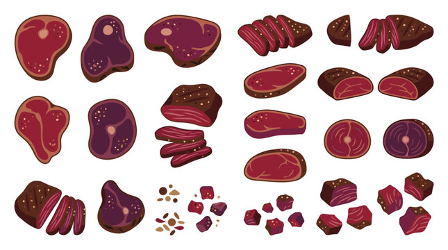 set of assorted raw and cooked meat cuts, beef steaks, sliced brisket, diced chunks for culinary cooking menu icons, kitchen food ingredients