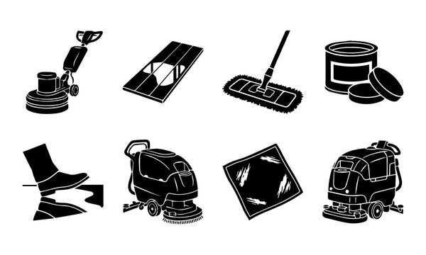 Set of black floor care silhouettes featuring floor buffers, mops, cleaning machines, wax cans, and footprints on a white background