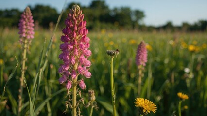 Obraz premium Colorful wildflowers in a field with purple and yellow blooms under a clear sky.
