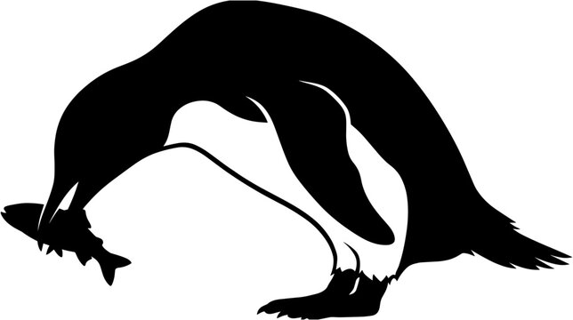 Silhouette of a penguin catching a fish in its beak, wildlife nature vector illustration isolated on white background for design.
