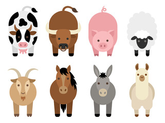 Fototapeta premium Set of eight farm animals in top down view, cow bull pig sheep goat horse donkey and llama, flat vector icons for agricultural themes