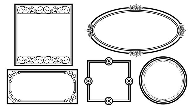 Set of vintage frames in black outline vector style, decorative borders for invitations, classic labels, elegant cards, ornamentation elements