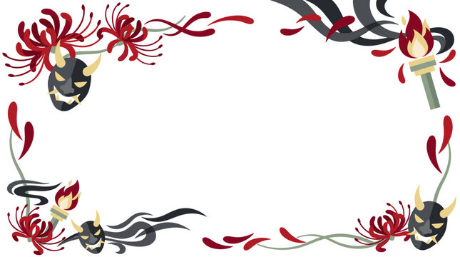East Asian themed border frame featuring traditional masks, spider lily flowers, and flaming torches, perfect for cultural event invitations