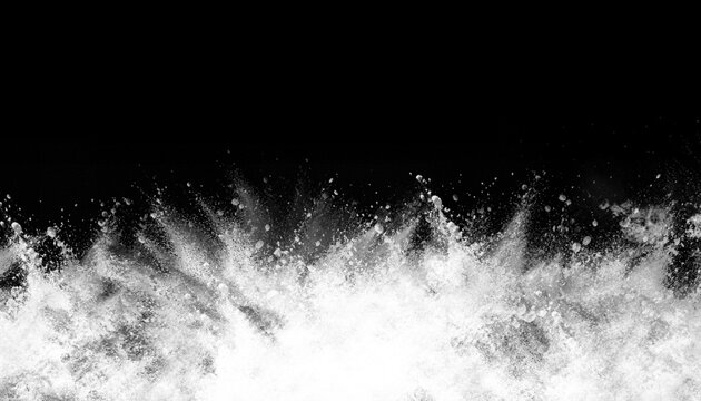 Bright white powder exploding against a solid black background creating dynamic movement with sharp particles and soft ethereal smoke clouds