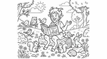 Naklejka premium Black and White Coloring Page of a Playful Satyr Happily Reading a Book to Forest Animals, Woodland Scene with Trees, Birds, Squirrels, Rabbit, and Hedgehog, Outline Vector Illustration