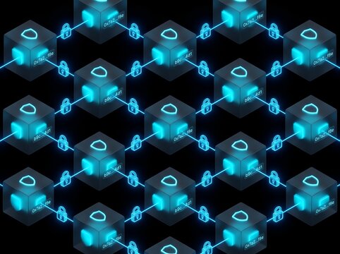 Blockchain network structure with interconnected glowing blocks, padlocks, and shield icons representing secure data transfer