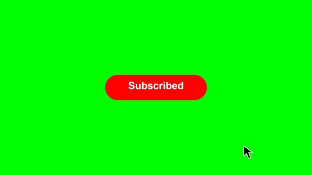 Flat design animation of a mouse cursor clicking a subscribe button on a green screen background
