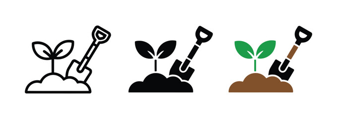 Garden shovel with soil and green plant sprout icons featuring agriculture, eco gardening, landscaping, sustainability, environmental growth, and planting symbols in outline, solid black, and colored  © ARIF AHMED 02