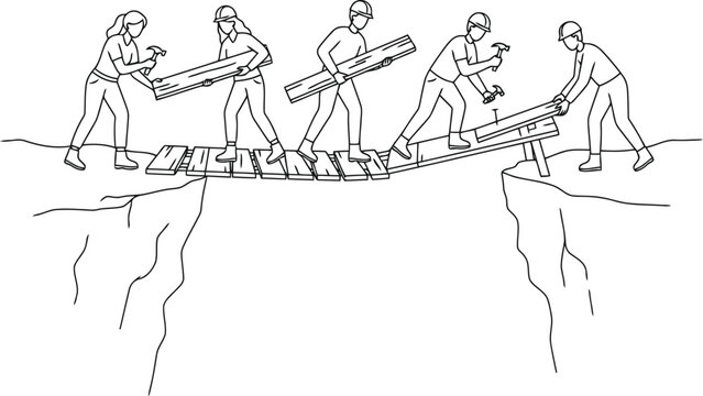 Group of construction workers building a wooden bridge over a cliff gap together as a team to create a connection and solve a problem in a simple line art drawing style