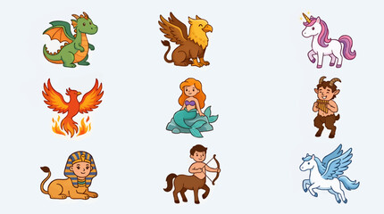 Obraz premium Whimsical Vector Icon Sheet of Cute Mythical Creatures, Including Dragon, Griffin, Unicorn, Phoenix, Mermaid, Satyr, Sphinx, Centaur, and Pegasus, Isolated on Light Background