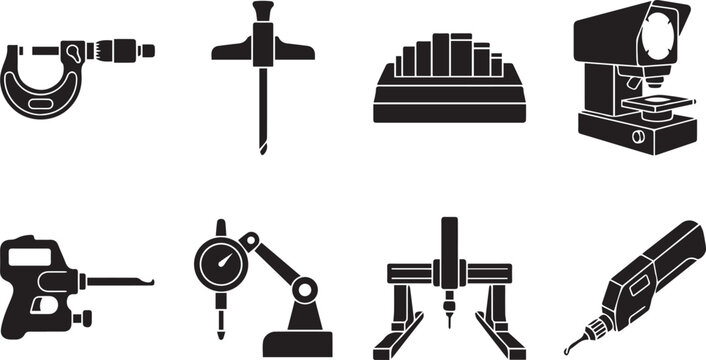 Set of black silhouette depicting industrial measurement tools, including micrometers, gauges, profile projectors, and precision sensors